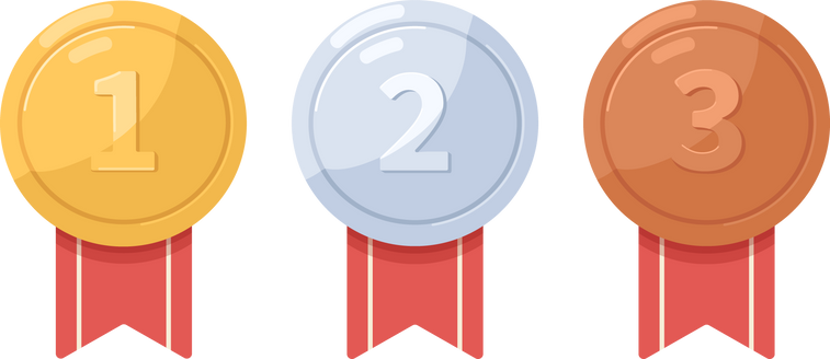 Gold, silver and bronze medals. Metal awards, winner badges for first, second and third places. 1st, 2nd and 3d prizes in competition. Flat graphic vector illustration isolated on white background.